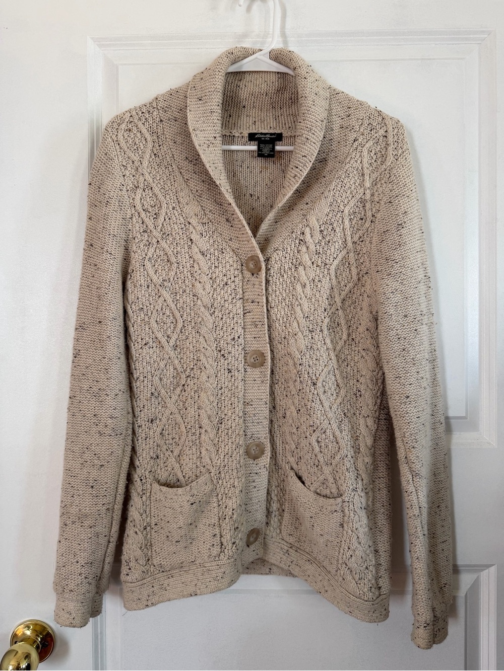 Eddie Bauer Cable Knit Shawl Collar Button Up Cardigan Sweater Size M 60% Cotton